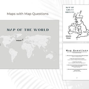 May include: A set of educational maps and questions. The image includes a world map, a map of Great Britain, and a page of map questions. The text includes "Map of the World", "Map of Great Britain", and "Map Questions".