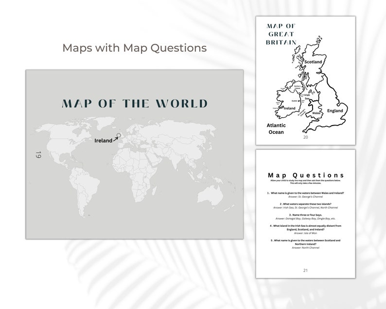 May include: A set of educational maps and questions. The image includes a world map, a map of Great Britain, and a page of map questions. The text includes "Map of the World", "Map of Great Britain", and "Map Questions".