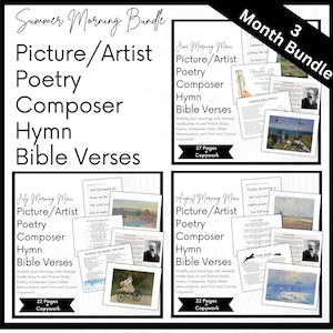 Puede incluir: Un paquete imprimible de actividades para la mañana de verano para niños. Cada mes incluye una imagen, un artista, poesía, un compositor, un himno y versículos bíblicos. El paquete incluye junio, julio y agosto.