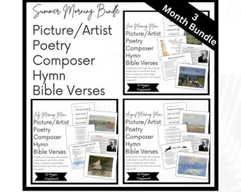 Charlotte Mason Summer Morning Time, Homeschool Morning Menu, Picture Artist Study, Poetry, Composer, Hymn, Bible Verses, Copywork cursive