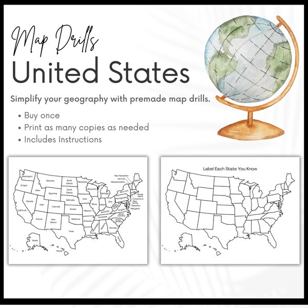 United States Map Work, Charlotte Mason Map Drills Geography, Mapping, Map Questions, Homeschool Printable