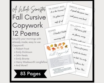 Fall Cursive Copywork and Seasonal Poetry Study, Charlotte Mason Homeschooling Printable, Morning Basket, Poetry teatime, Robert Frost