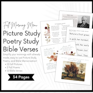 Charlotte Mason Fall Morning Time,  Homeschool Autumn Morning Menu, Picture Art Study, Poetry, Bible Verses, Morning Basket Bundle, Copywork