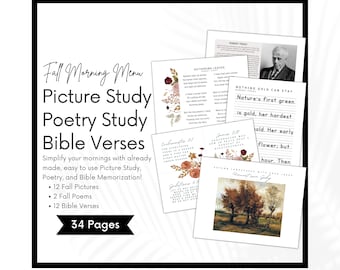 Charlotte Mason Fall Morning Time,  Homeschool Autumn Morning Menu, Picture Art Study, Poetry, Bible Verses, Morning Basket Bundle, Copywork