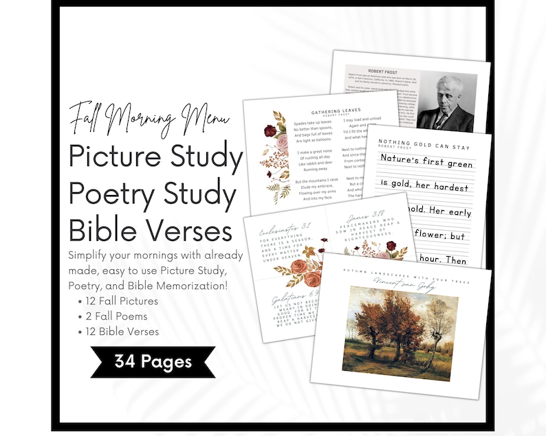 Charlotte Mason Fall Morning Time, Homeschool Autumn Morning Menu, Picture Art Study, Poetry, Bible Verses, Morning Basket Bundle, Copywork image 1