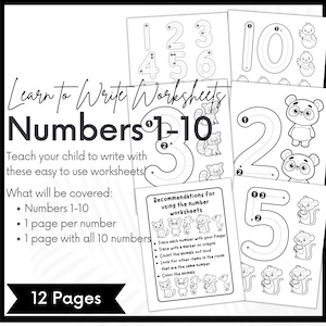 May include: Black and white printable worksheets for learning to write numbers 1-10. Each number is traced by a dotted line and features a cute animal illustration. The worksheets include recommendations for using the worksheets.