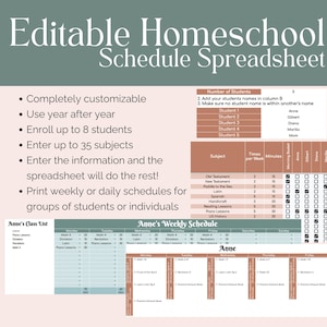 May include: A printable homeschool schedule spreadsheet template with a light brown and green color scheme. The template includes a class list, a weekly schedule, and a section for entering student names and subjects. The text "Editable Homeschool Schedule Spreadsheet" is at the top of the page.