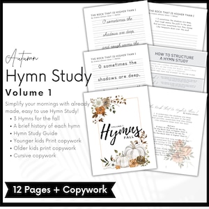 Fall Hymn Study, Charlotte Mason, Volume 1, Hymnody, morning menu, print copywork, cursive copywork, homeschool printable