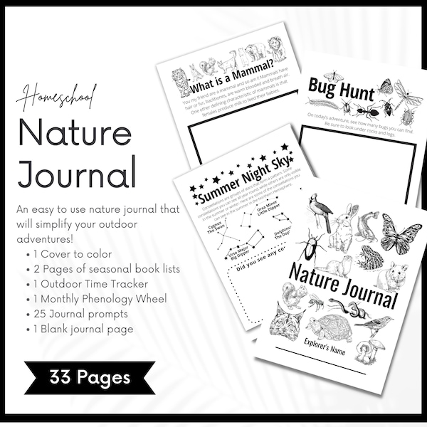 Nature Journal Unit Study for Kids, Charlotte Mason science printable, outdoor Homeschool, nature notebooking, Phenology, mammals, reptiles