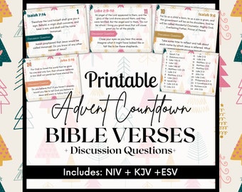 May include: Printable Advent Countdown Bible Verses with discussion questions. The image features a pink and green Christmas tree pattern with a white background. The text includes the Bible verses and discussion questions for each day of Advent.