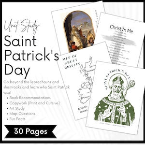 Saint Patrick's Day Unit Study, St. Patrick Morning Time Menu, Charlotte Mason Copywork Homeschool Printable, Artist Study, Map Questions