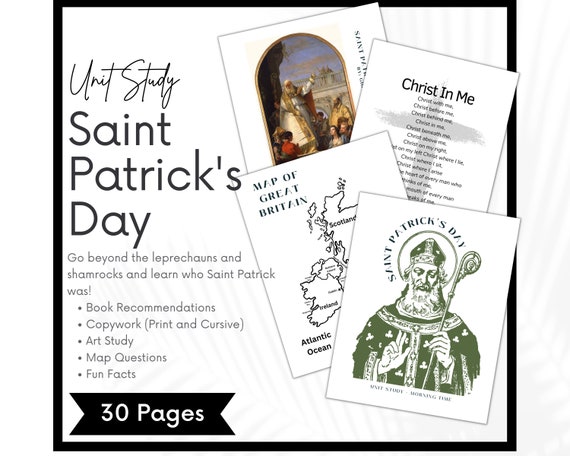 Saint Patrick's Day Unit Study, St. Patrick Morning Time Menu, Charlotte Mason Copywork Homeschool Printable, Artist Study, Map Questions