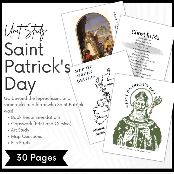 Saint Patrick's Day Unit Study, St. Patrick Morning Time Menu, Charlotte Mason Copywork Homeschool Printable, Artist Study, Map Questions