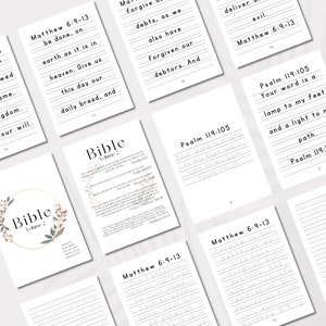 May include: A set of printable Bible verses with lined pages for writing. The verses include Matthew 6:9-13 and Psalm 119:105. The pages are decorated with a floral wreath and the word "Bible" in a gold circle.