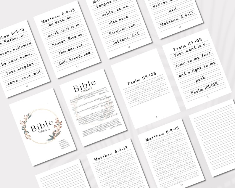 May include: A set of printable Bible verses with lined pages for writing. The verses include Matthew 6:9-13 and Psalm 119:105. The pages are decorated with a floral wreath and the word "Bible" in a gold circle.