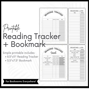 May include: Printable reading tracker and bookmark. The tracker is 8.5 inches by 11 inches and the bookmark is 3.5 inches by 7.5 inches. The tracker has a space for the title of the book, the start and end dates, and a rating system. The bookmark has a space for the title of the book and a rating system.