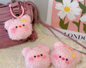 Curly Pig Keychain Plush Bag Charm, Cute Pink Pig Pendant, Kawaii Crochet Piggy Keyring, Handmade Plush Animal Gift, Backpack Charm