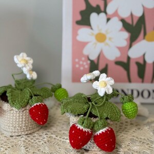 May include: Two crochet strawberry plants in beige pots. Each plant features red strawberries with white seeds, green leaves, and white flowers. The pots sit on a cream-colored lace tablecloth, with a floral print in the background.