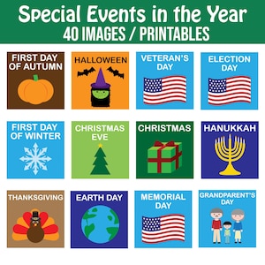 Puede incluir: Un conjunto de 12 imágenes imprimibles que representan varias fiestas y eventos especiales a lo largo del año. Las imágenes son coloridas y presentan ilustraciones simples de calabazas, brujas, copos de nieve, árboles de Navidad, pavos, etc.