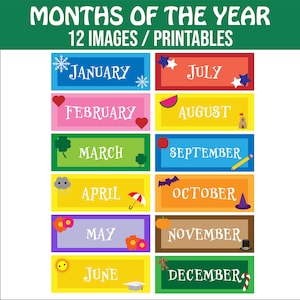 Mesi dell&#39;anno stampabili - 12 immagini/stampabili per il calendario della classe - risorsa per la classe/Powerpoint/per l&#39;insegnante
