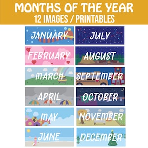 Mesi dell&#39;anno stampabili - 12 immagini / stampabili per il calendario della classe - Aula / Powerpoint / Risorse per insegnanti