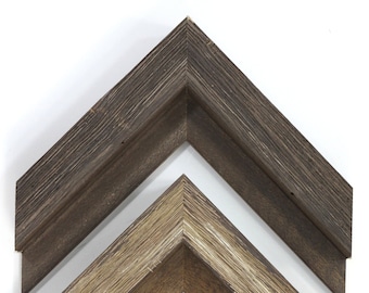 May include: Three wooden picture frames with a rustic, weathered finish. The frames are arranged in a pyramid shape, with the largest frame at the top and the smallest frame at the bottom.