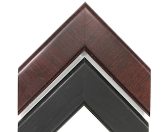 May include: Close-up of two picture frame molding samples. The top sample is a dark red wood with a silver accent. The bottom sample is black with a silver accent.