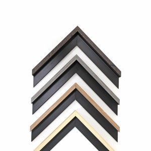 May include: Five different picture frames stacked on top of each other. The frames are all black with different colored mats. The mats are gray, brown, white, and beige.