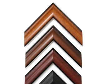 May include: Four picture frames with different wood finishes. The frames are arranged in a pyramid shape, with the darkest frame at the bottom and the lightest frame at the top. The frames are all made of wood with a black border.