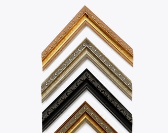 May include: Five picture frames in different colors and styles, arranged in a pyramid shape. The frames are all ornate and have a decorative design. The top frame is gold, the second is silver, the third is black, and the bottom two are gold.