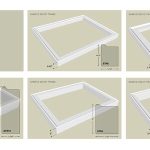 May include: Six different sample picture frames with measurements in inches. The frames are white and have a variety of different styles. The frames are labeled with the style number STR15, STR18, and STR12.