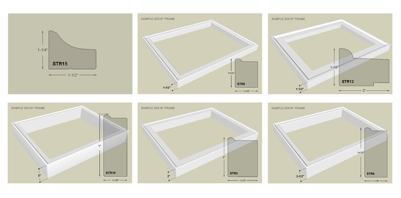 May include: Six different sample picture frames with measurements in inches. The frames are white and have a variety of different styles. The frames are labeled with the style number STR15, STR18, and STR12.