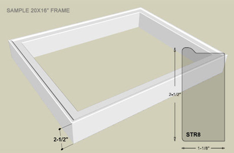 May include: A white picture frame with a 20x16 inch opening. The frame is 2 1/2 inches wide and has a simple, clean design. The frame is labeled "STR8" and has a 1 1/8 inch wide profile.