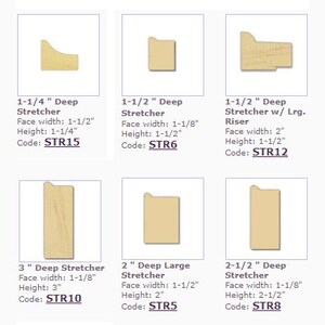 May include: Six different sizes of wooden picture frame stretcher bars. The bars are labeled with their dimensions and code. The codes are STR15, STR6, STR12, STR10, STR5, and STR8.