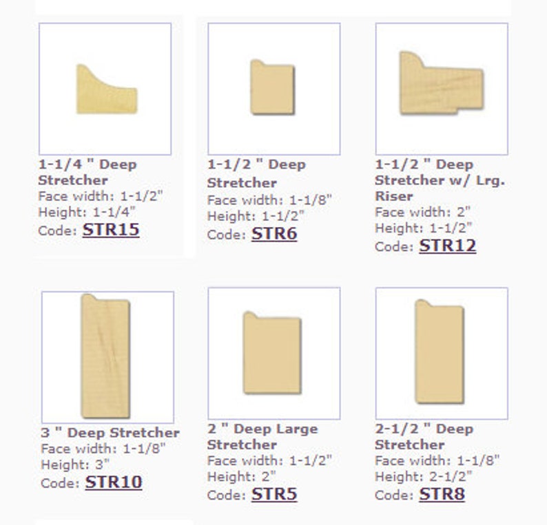 May include: Six different sizes of wooden picture frame stretcher bars. The bars are labeled with their dimensions and code. The codes are STR15, STR6, STR12, STR10, STR5, and STR8.