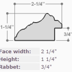 May include: A picture frame molding with a 2 1/4 inch face width, 1 1/4 inch height, and 3/4 inch rabbet.