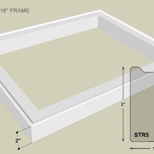 May include: A white picture frame with a 20x16 inch opening. The frame is 2 inches wide. The frame is labeled "SAMPLE 20X16" FRAME. A close-up of the frame's profile shows a detail labeled "STR5" with a measurement of 1-1/2 inches.