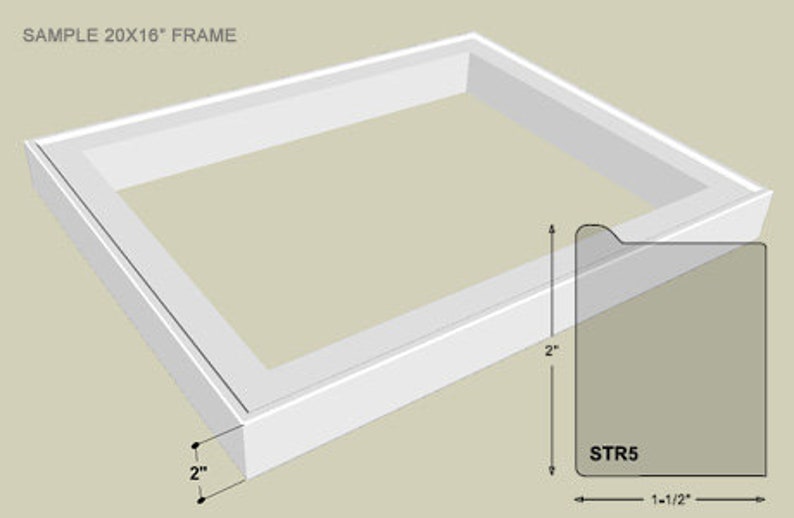 May include: A white picture frame with a 20x16 inch opening. The frame is 2 inches wide. The frame is labeled "SAMPLE 20X16" FRAME. A close-up of the frame's profile shows a detail labeled "STR5" with a measurement of 1-1/2 inches.