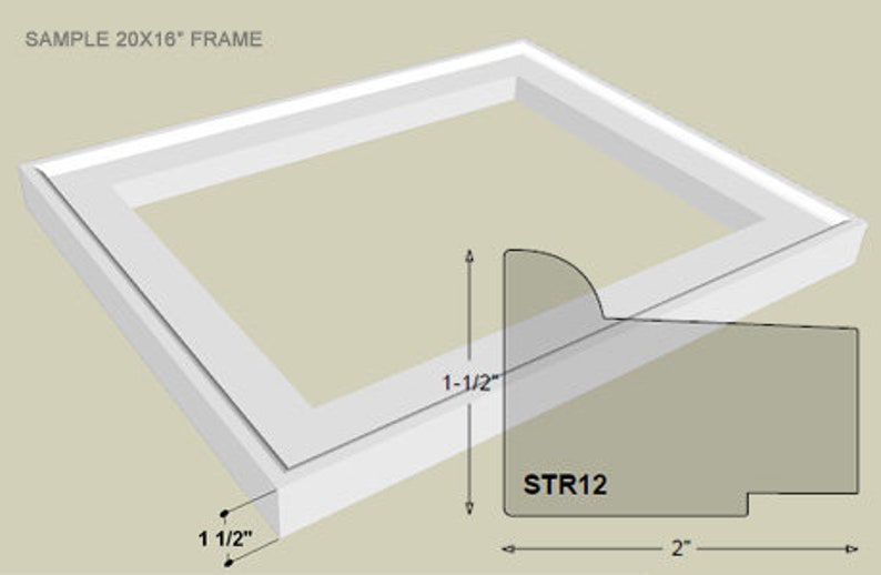 May include: A white picture frame with a 20x16 inch opening. The frame is 1 1/2 inches wide and has a simple, clean design. The frame is labeled "STR12" and is 2 inches wide.