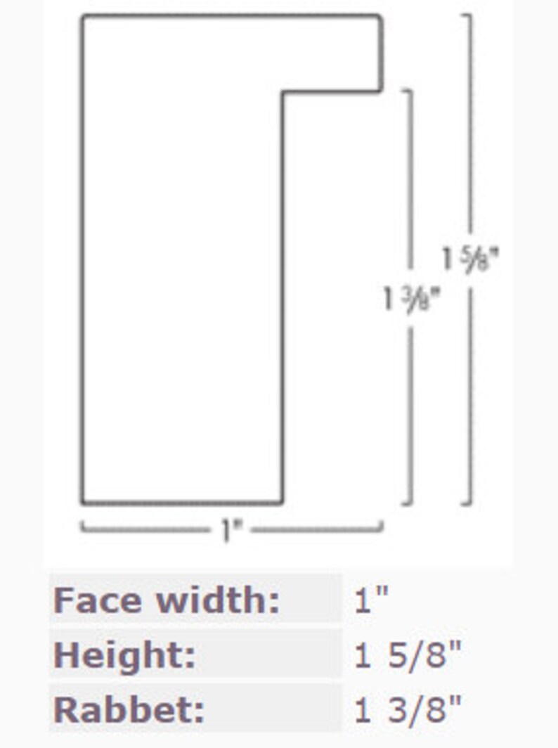 May include: Diagram showing the dimensions of a picture frame. The frame is 1 inch wide, 1 5/8 inches high, and has a 1 3/8 inch rabbet.