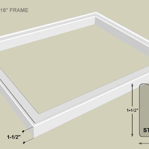 May include: A white picture frame with a 20x16 inch opening. The frame is 1 1/2 inches wide and has a simple, clean design. The frame is labeled "STR6" and has a 1 1/8 inch profile.