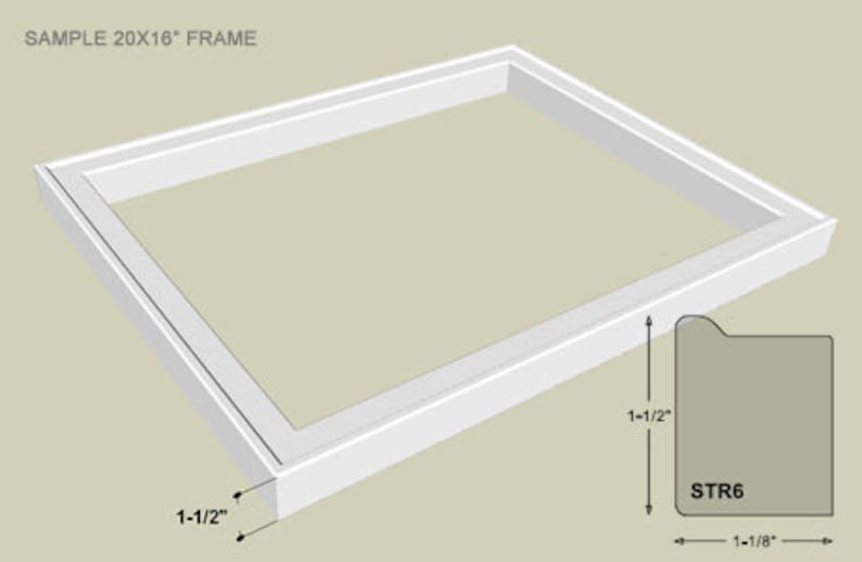 May include: A white picture frame with a 20x16 inch opening. The frame is 1 1/2 inches wide and has a simple, clean design. The frame is labeled "STR6" and has a 1 1/8 inch profile.