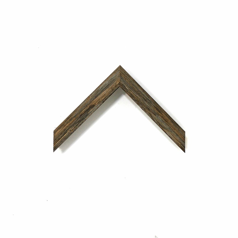 May include: A wooden picture frame with a rustic, weathered finish. The frame has a beveled edge and a simple, elegant design.