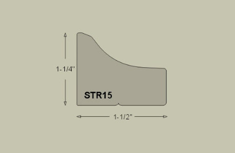 May include: A gray, curved molding with the text "STR15" and measurements of 1-1/4" by 1-1/2".