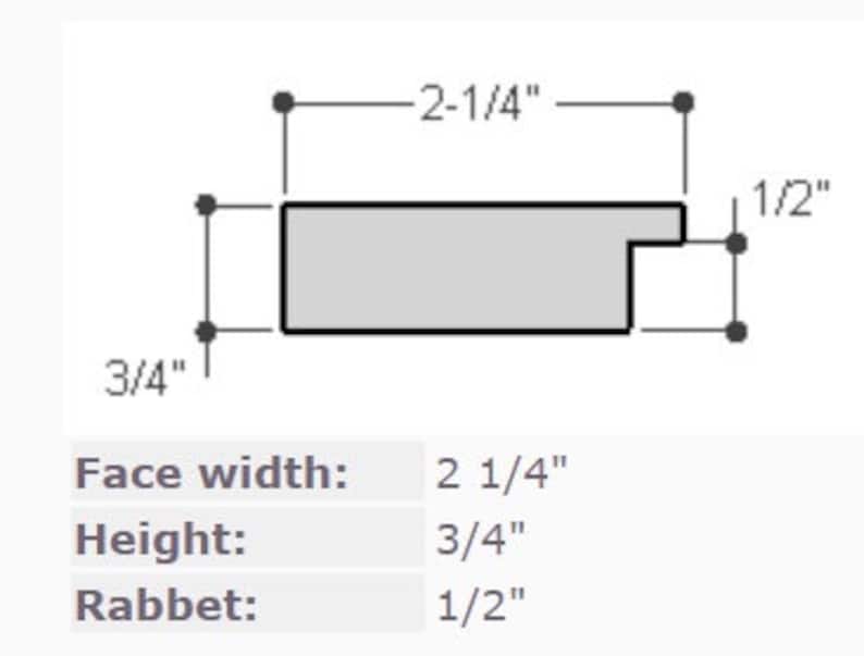 May include: Diagram of a rectangular frame profile with measurements. The face width is 2 1/4 inches, the height is 3/4 inch, and the rabbet is 1/2 inch.