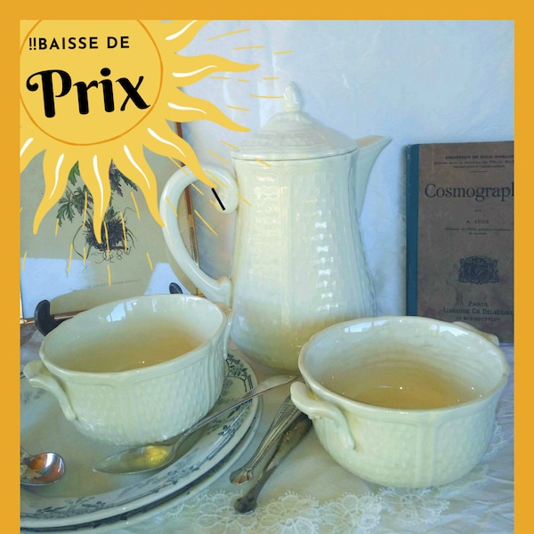 Cafetière PONT-AUX-CHOUX, France Manufacture de Gien, Grains De Riz Crème, Vintage-Funbroc