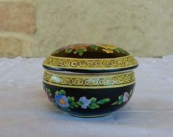 Vintage Earthenware Box, Signed Clamecy, Roger Colas & Numbered.Black Yellow Ceramic,Hand Decorated with Flowers and Spirals-Funbroc France