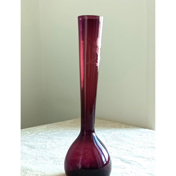 Vase en Verre Soufflé Vintage Bordeaux Décoré d'une Gravure.Soliflore Coloré en Forme de Boule-Funbroc France