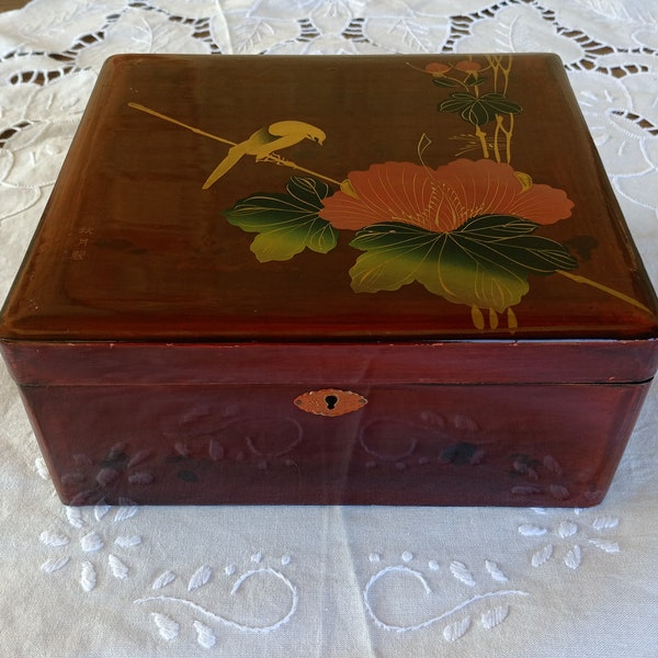 Coffret en Bois Laqué, Décoré d'une Peinture À la Main Signée Akizuki.Boite à Bijoux Asiatique avec Dessin Oiseau et Fleurs-Funbroc France