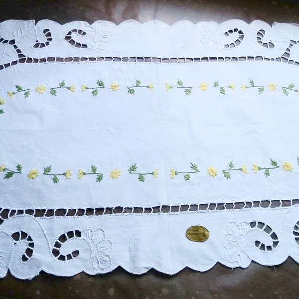 Nappe Vintage, Broderie Française À La Main,Chemin de Table Ajouré en Coton à Décor de Guirlandes Végétales-Funbroc